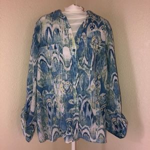 Chicos Button Down Blue and White Top 100 % cotton